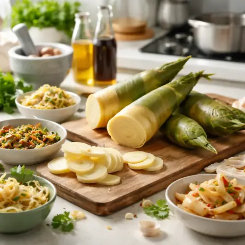 bamboo shoots modern kitchen, bamboo shoots, modern kitchen, sustainable cooking ingredients