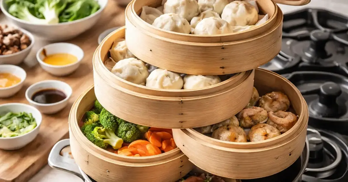 bamboo steamer station setup, bamboo steamer setup, steamer station for multiple dishes, how to set up a bamboo steamer