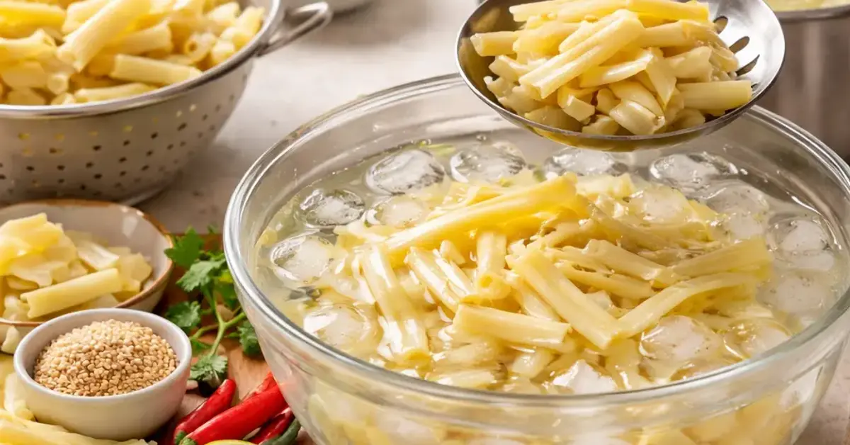 blanch and shock rebung for salads, blanch rebung, shock rebung, how to prepare rebung for salad