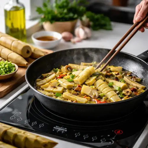 cooking bamboo shoots on an induction stove