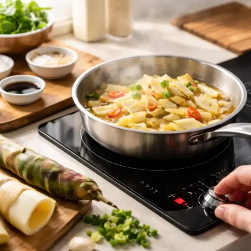 cooking bamboo shoots on an induction stove, cooking bamboo shoots, induction stove bamboo shoots, energy saving induction cooking
