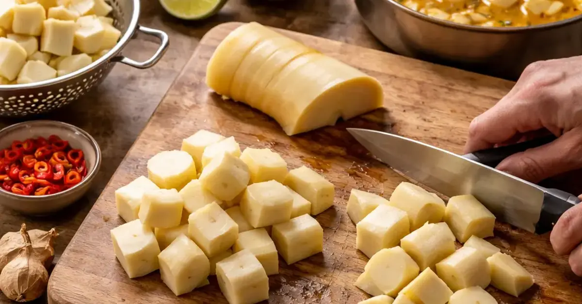 cut rebung into chunks, cut rebung, how to cut bamboo shoots, preparing rebung for curries