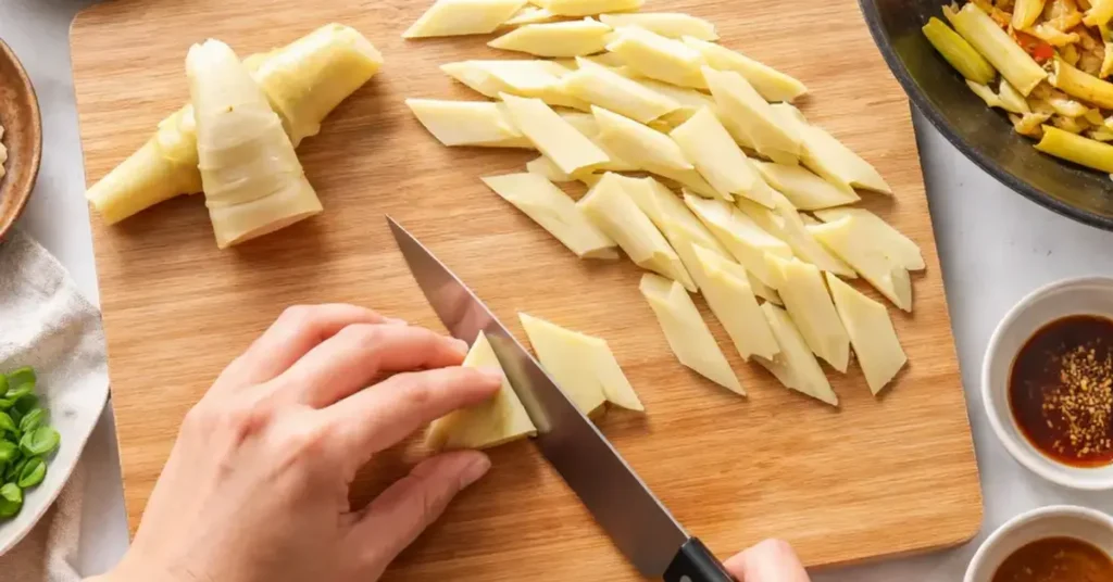 diagonal cut for rebung stir-fries, diagonal cut technique, rebung stir-fry guide, bamboo shoot preparation