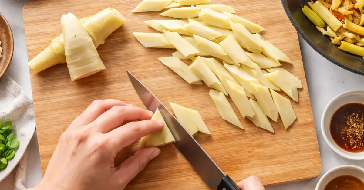 diagonal cut for rebung stir-fries, diagonal cut technique, rebung stir-fry guide, bamboo shoot preparation