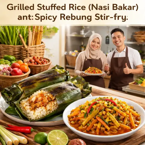 Grilled Stuffed Rice (Nasi Bakar) with Spicy Rebung Stir-fry