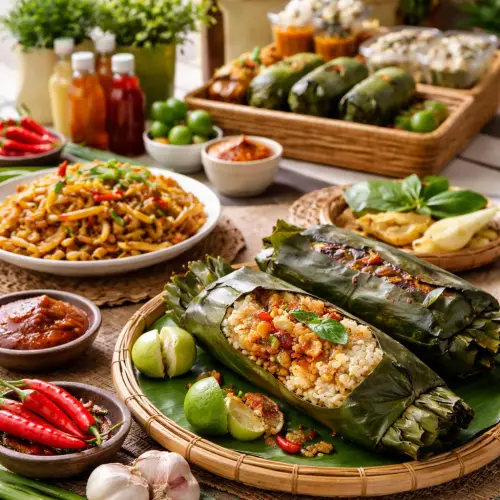 Grilled Stuffed Rice (Nasi Bakar) with Spicy Rebung Stir-fry, Nasi Bakar, stuffed rice, spicy rebung stir-fry