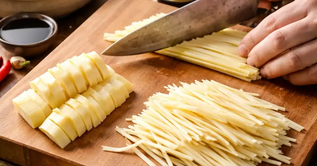 how to julienne bamboo shoots, julienne bamboo shoots, professional chef cutting technique