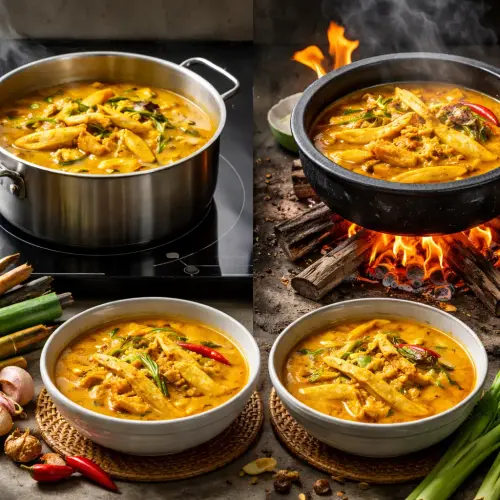 induct method gulai rebung, gulai rebung recipe, induction cooking gulai, wood fire cooking Indonesian