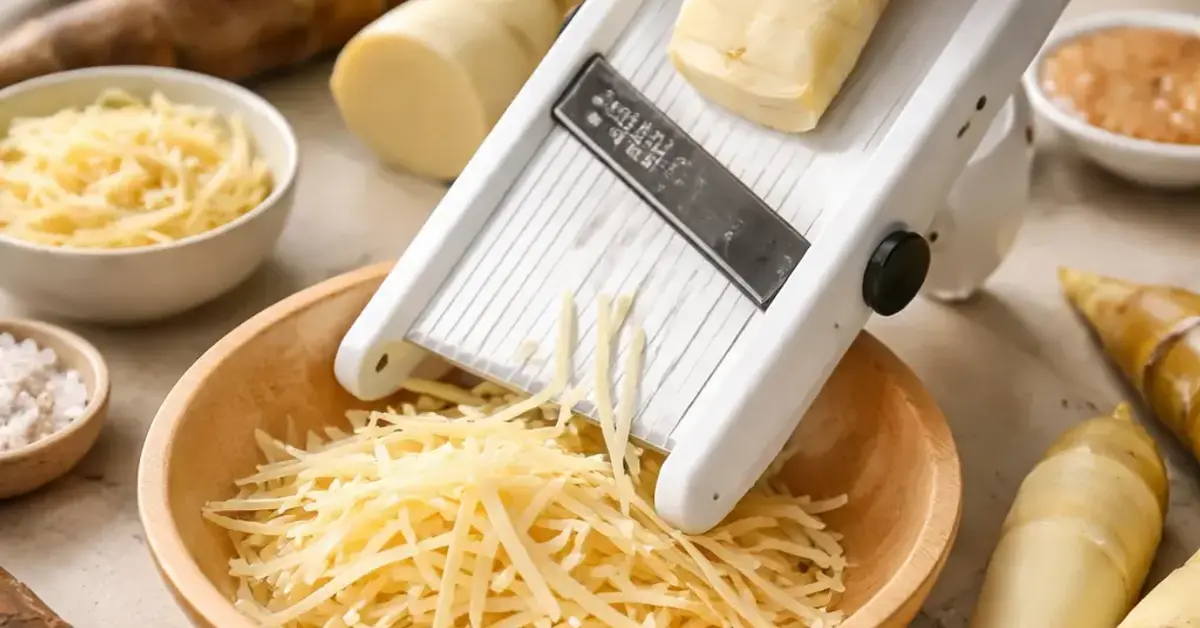 mandoline rebung slices, mandoline slicer, thin rebung slices, how to slice bamboo shoots