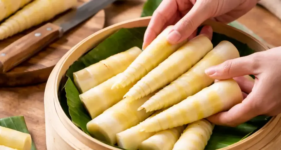 Prepping Rebung for Steaming