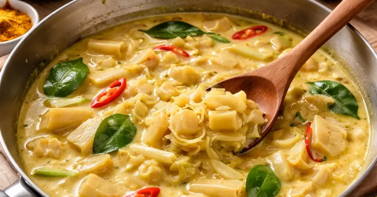 slow-simmering rebung in coconut milk, rebung in coconut milk, slow-simmering rebung, gulai rebung