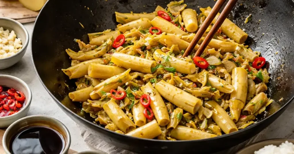 stir-frying rebung, stir-fried rebung, tumis rebung recipe, bamboo shoots stir fry guide