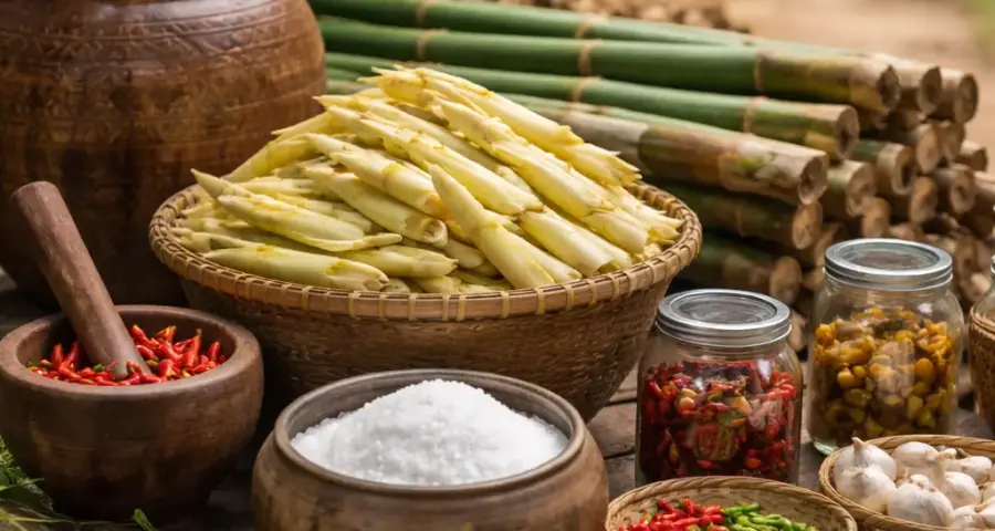 Essential Tools and Ingredients for Traditional Bamboo Shoot Preservation in Villages