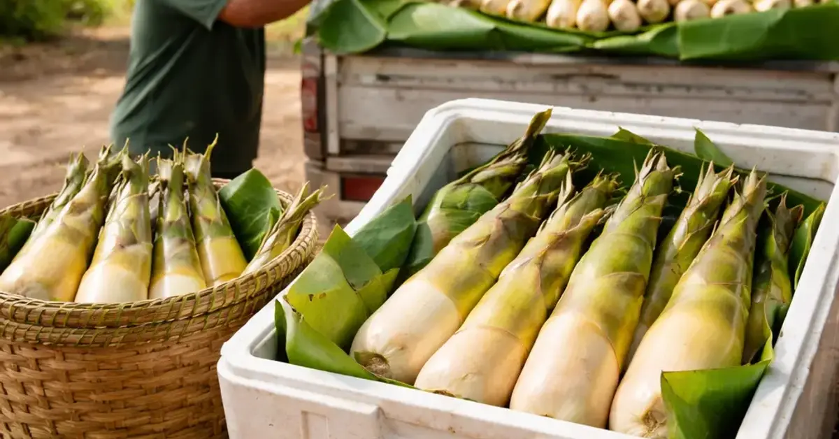 Transporting Freshly Harvested Rebung, transporting rebung, fresh bamboo shoots handling, rebung field guide
